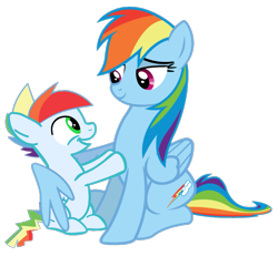 Size: 1143x1058 | Tagged: safe, anonymous artist, rainbow dash, oc, oc:rainbow blitz, pegasus, pony, g4, colt, duo, female, foal, grin, heartwarming, hug, male, mare, momma dash, mother and child, mother and son, offspring, parent:rainbow dash, parent:soarin', parents:soarindash, simple background, smiling, transparent background, winghug, wings