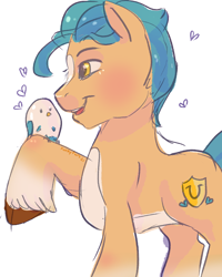 Size: 744x929 | Tagged: safe, artist:erieillustrates, hitch trailblazer, bird, earth pony, pony, g5, blaze (coat marking), blushing, coat markings, critter magnet, cute, duo, facial markings, floating heart, heart, hitchbetes, male, open mouth, open smile, pale belly, raised hoof, simple background, sketch, smiling, socks (coat markings), stallion, tail, toy interpretation, unshorn fetlocks, white background