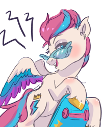 Size: 744x929 | Tagged: safe, artist:erieillustrates, zipp storm, pegasus, pony, g5, blushing, colored wings, female, glasses, lidded eyes, looking at you, mare, multicolored wings, open mouth, open smile, simple background, skateboard, sketch, smiling, solo, spread wings, sunglasses, tail, unshorn fetlocks, white background, wings