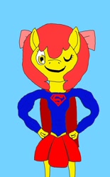 Size: 1200x1936 | Tagged: safe, artist:lekonar13, apple bloom, earth pony, anthro, g4, apple bloom's bow, blue background, bow, cape, clothes, dc comics, hair bow, one eye closed, simple background, solo, superfilly, supergirl, wink