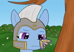 Size: 2480x1748 | Tagged: safe, artist:php176, derpibooru exclusive, zoom zephyrwing, butterfly, pegasus, pony, g5, bush, bust, butterfly on nose, confused, eyebrows, female, flower, guardsmare, helmet, insect on nose, looking at something, mare, pegasus royal guard, royal guard, solo, tree