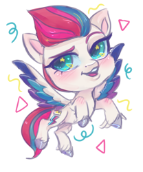 Size: 1500x1800 | Tagged: safe, artist:erieillustrates, zipp storm, pegasus, pony, g5, blushing, chibi, eyebrows, female, looking away, mare, open mouth, open smile, raised eyebrow, smiling, solo, spread wings, tail, unshorn fetlocks, wings