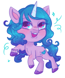 Size: 1500x1800 | Tagged: safe, artist:erieillustrates, izzy moonbow, pony, unicorn, g5, blushing, bracelet, chibi, female, friendship bracelet, heart, heart eyes, horn, jewelry, looking up, mare, open mouth, open smile, rearing, simple background, smiling, solo, tail, unshorn fetlocks, white background, wingding eyes