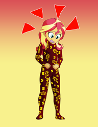 Size: 3000x3900 | Tagged: safe, artist:lullabyjak, sunset shimmer, human, equestria girls, g4, age regression, child, clothes, commission, emanata, footed sleeper, footie pajamas, gradient background, high res, onesie, pajamas, solo, younger
