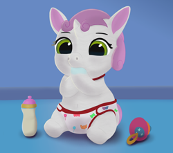 Size: 2700x2391 | Tagged: safe, artist:sweetielover, sweetie belle, pony, unicorn, g4, baby, baby belle, baby bottle, baby pony, crossover, cute, daaaaaaaaaaaw, diaper, diasweetes, female, high res, hoof sucking, nursery, rattle, solo, style emulation, t.o.t.s., younger