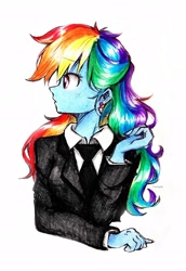 Size: 2166x3154 | Tagged: safe, artist:liaaqila, rainbow dash, equestria girls, g4, clothes, ear piercing, earring, female, high res, jewelry, looking back, multicolored hair, piercing, profile, simple background, solo, suit, traditional art, white background