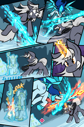 Size: 1567x2351 | Tagged: safe, artist:virmir, oc, oc:snowmare doom, oc:virmare, pony, unicorn, comic:so you've become a pony villain, castle, comic, fake alicorn, fake wings, fight, fire, fire magic, floppy ears, flying, frozen, glowing, glowing horn, gritted teeth, horn, ice, ice magic, ice sword, levitation, magic, onomatopoeia, royal guard, shrunken pupils, sliding, sound effects, sparkles, spear, sword, teeth, telekinesis, weapon, wide eyes