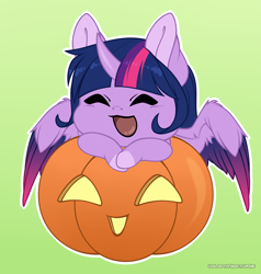 Size: 1428x1500 | Tagged: safe, artist:volodyanocturne, twilight sparkle, alicorn, pony, g4, commission, cute, eyes closed, female, gradient background, halloween, holiday, jack-o-lantern, mare, open mouth, open smile, outline, pumpkin, signature, smiling, solo, twiabetes, twilight sparkle (alicorn), white outline, ych result