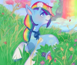 Size: 1250x1050 | Tagged: safe, artist:erieillustrates, oc, oc only, butterfly, pony, butterfly on nose, female, flower, gift art, grass, insect on nose, leonine tail, lidded eyes, looking at something, lying down, mare, outdoors, prone, rainbow waterfall, ribbon, signature, solo focus, tail, tree, water, waterfall