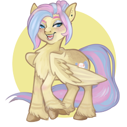 Size: 1500x1500 | Tagged: safe, artist:erieillustrates, oc, oc only, oc:candy claire, pegasus, pony, 45 minute art challenge, ear piercing, female, lidded eyes, looking at you, mare, open mouth, open smile, partially transparent background, pegasus oc, piercing, raised hoof, signature, smiling, solo, tail, unshorn fetlocks, wings