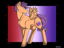 Size: 1280x960 | Tagged: safe, artist:binibean, scootaloo, pegasus, pony, g4, female, looking back, mare, older, older scootaloo, signature, small wings, solo, spread wings, wings