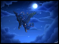 Size: 1280x960 | Tagged: safe, artist:binibean, princess luna, alicorn, pony, g4, cloud, female, flying, full moon, mare, moon, night, solo