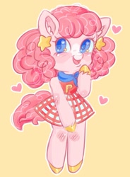 Size: 1257x1707 | Tagged: safe, artist:erieillustrates, fuwa fuwa, earth pony, pony, semi-anthro, g1, arm hooves, blushing, clothes, dress, ear fluff, female, floating heart, heart, looking away, open mouth, open smile, scarf, signature, simple background, smiling, solo, tail, takara pony, yellow background