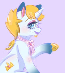 Size: 1800x2000 | Tagged: safe, artist:erieillustrates, oc, oc only, oc:prince tenderhoof, pony, unicorn, blushing, horn, lavender background, looking at you, male, open mouth, open smile, ponified, raised hoof, signature, simple background, sitting, smiling, stallion, unshorn fetlocks