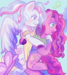 Size: 1800x2000 | Tagged: safe, artist:erieillustrates, skywishes, star catcher, butterfly, earth pony, pegasus, anthro, unguligrade anthro, g3, arm hooves, blushing, clothes, duo focus, female, flying, hug, lesbian, mare, ship:skycatcher, shipping, signature, smiling, spread wings, unshorn fetlocks, wings