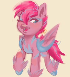 Size: 1800x2000 | Tagged: safe, artist:erieillustrates, zipp storm, pegasus, pony, g5, alternate design, concept art, one eye closed, open mouth, open smile, raised hoof, signature, simple background, smiling, solo, tail, tan background, wings, wink