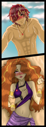Size: 1745x4814 | Tagged: safe, artist:daazzlin, adagio dazzle, sunset shimmer, equestria girls, g4, my little pony equestria girls: better together, abs, beach, blushing, bracelet, clothes, duo, equestria guys, female, half r63 shipping, jewelry, male, necklace, rule 63, sarong, ship:adagiglare, ship:sunsagio, shipping, straight, sunset glare
