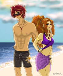 Size: 1745x2106 | Tagged: safe, artist:daazzlin, adagio dazzle, sunset shimmer, equestria girls, g4, my little pony equestria girls: better together, abs, beach, blushing, bracelet, clothes, duo, equestria guys, female, half r63 shipping, jewelry, male, necklace, rule 63, sarong, ship:adagiglare, ship:sunsagio, shipping, straight, sunset glare