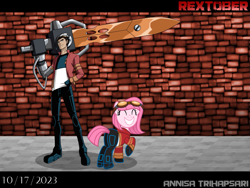 Size: 1525x1146 | Tagged: safe, artist:muhammad yunus, oc, oc only, oc:annisa trihapsari, earth pony, human, pony, g4, >:), annibutt, base used, butt, clothes, costume, crossover, earth pony oc, eyes closed, female, generator rex, gloves, goggles, grin, gritted teeth, halloween, halloween costume, happy, ibispaint x, jacket, looking at you, machine, mare, pants, plot, rex salazar, shoes, smiling, smiling at you, solo, sword, teeth, text, watermark, weapon