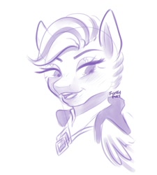 Size: 1800x2000 | Tagged: safe, artist:erieillustrates, queen haven, pegasus, pony, g5, bust, drawn from memory, female, folded wings, jewelry, lidded eyes, looking down, mare, monochrome, necklace, open mouth, open smile, signature, simple background, sketch, smiling, solo, white background, wings
