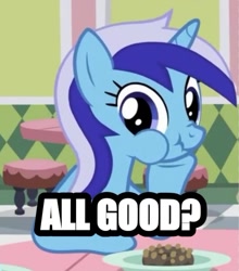 Size: 784x889 | Tagged: safe, edit, edited screencap, screencap, minuette, pony, unicorn, amending fences, g4, caption, eating, female, food, happy, image macro, looking at you, mare, meme, scrunchy face, smiling, solo, text