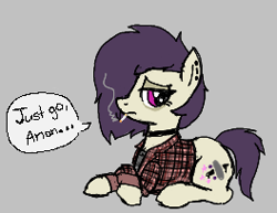 Size: 264x204 | Tagged: safe, artist:legendoflink, oc, oc only, oc:axle grind, earth pony, pony, aggie.io, clothes, ear piercing, female, flannel, looking at you, lowres, mare, piercing, sad, shirt, smoking, solo