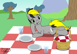 Size: 4096x2896 | Tagged: safe, artist:gabriel18017, oc, oc only, oc:lightpeace, earth pony, pony, basket, commission, glass of water, looking at you, lying down, picnic, picnic basket, picnic blanket, smiling, solo, tongue out, tree