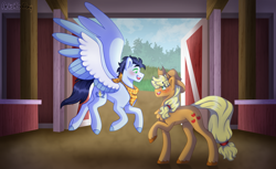 Size: 3896x2391 | Tagged: safe, artist:artistcoolpony, applejack, soarin', earth pony, pegasus, pony, g4, barn, blushing, commission, duo, duo male and female, female, high res, looking at each other, looking at someone, male, mare, neckerchief, ship:soarinjack, shipping, spread wings, stallion, straight, wings
