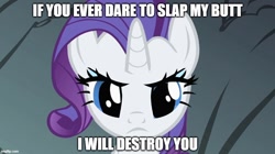 Size: 888x499 | Tagged: safe, edit, edited screencap, screencap, rarity, pony, unicorn, g4, caption, female, image macro, mare, text, threat