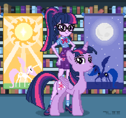 Size: 850x800 | Tagged: safe, artist:gonicfanfic, princess celestia, princess luna, sci-twi, twilight sparkle, alicorn, human, pony, equestria girls, g4, banner, book, bookshelf, duo, female, folded wings, hand on hip, horn, human ponidox, library, looking at you, mare, pixel art, self paradox, self ponidox, smiling, smiling at you, twilight sparkle (alicorn), twolight, wings