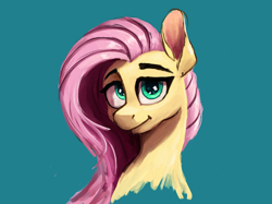 Size: 2732x2048 | Tagged: safe, artist:phutashi, fluttershy, pegasus, pony, g4, bust, female, high res, looking at you, mare, portrait, simple background, smiling, smiling at you, solo, teal background, three quarter view