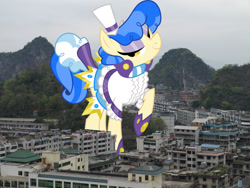Size: 2048x1536 | Tagged: safe, anonymous editor, artist:dashiesparkle edit, edit, sapphire shores, earth pony, pony, g4, china, clothes, eyeshadow, female, giant pony, giantess, guilin, hat, highrise ponies, irl, lidded eyes, looking at you, macro, makeup, mare, photo, ponies in real life, raised hoof, smiling, solo, story included