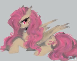 Size: 1024x811 | Tagged: safe, artist:petaltwinkle, fluttershy, bat pony, pony, g4, bat ponified, chest fluff, choker, crying, fangs, female, flutterbat, gray background, lying down, mare, prone, race swap, signature, simple background, solo