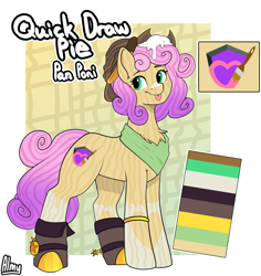 Size: 7687x8155 | Tagged: safe, artist:almond evergrow, artist:suchalmy, oc, oc only, oc:quickdraw, earth pony, food pony, ice cream pony, pony, :p, boots, bread, chest fluff, chocolate, churros, clothes, coat markings, commissioner:dhs, cowboy hat, cutie mark, food, freckles, hat, hoof ring, ice cream, ponified, reference sheet, scarf, shoes, simple background, socks (coat markings), solo, spurs, standing, tongue out, yellow coat