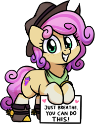Size: 461x601 | Tagged: safe, artist:sugar morning, oc, oc only, oc:quickdraw, earth pony, pony, 2024 community collab, derpibooru community collaboration, boots, clothes, coat markings, commissioner:dhs, cowboy hat, curly hair, cute, freckles, hat, heart, looking at you, purple mane, scarf, shoes, sign, simple background, smiling, socks (coat markings), solo, spurs, transparent background, yellow coat