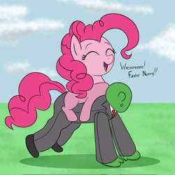 Size: 2048x2048 | Tagged: safe, artist:legendoflink, pinkie pie, oc, oc:anon, earth pony, human, pony, g4, clothes, costume, cute, diapinkes, eyes closed, female, high res, mare, open mouth, open smile, pinktober, ponies riding humans, riding, smiling, solo