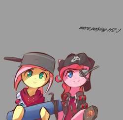 Size: 1025x1000 | Tagged: safe, artist:solid shrimp, fluttershy, pinkie pie, earth pony, pegasus, pony, g4, christmas ornament, clothes, cooking pot, costume, cute, decoration, demoman, demoman (tf2), diapinkes, drink, duo, eyepatch, female, gray background, hoodie, looking at you, mare, pinktober, shyabetes, simple background, smiling, smiling at you, soda can, soldier, soldier (tf2), spoon, team fortress 2, vest