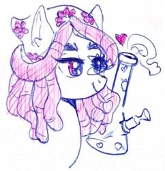 Size: 1449x1499 | Tagged: safe, anonymous editor, artist:inconfortablee, edit, tree hugger, earth pony, pony, g4, bong, bust, female, heart, mare, solo, traditional art