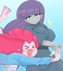 Size: 2959x3338 | Tagged: safe, artist:batipin, maud pie, pinkie pie, equestria girls, g4, ><, barefoot, big breasts, breasts, busty maud pie, busty pinkie pie, duo, eyes closed, eyeshadow, feet, female, heart tongue, high res, makeup, missing shoes, open mouth, simple background, soles, tackle, tackle hug, the microphone girl, toes