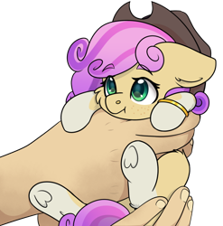 Size: 596x603 | Tagged: safe, artist:rokosmith26, oc, oc:quickdraw, earth pony, pony, coat markings, commissioner:dhs, cowboy hat, curly hair, cute, fluffy, freckles, hand, hat, holding a pony, hoof ring, in goliath's palm, looking up, purple hair, simple background, size difference, small pony, smiling, socks (coat markings), transparent background, yellow coat