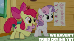 Size: 828x465 | Tagged: safe, edit, edited screencap, editor:quoterific, screencap, apple bloom, sweetie belle, g4, marks for effort, clubhouse, crusaders clubhouse
