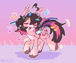 Size: 1200x1000 | Tagged: safe, artist:cuiicie, oc, oc only, oc:key mash, bat pony, pony, ahoge, bat pony oc, dancing, earbuds, eyes closed, female, hairclip, horns, music notes, phone, singing, solo, spread wings, unshorn fetlocks, wings