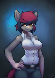 Size: 3508x4960 | Tagged: safe, artist:eoks, oc, oc:queenly flux, earth pony, anthro, clothes, female, pants, shirt, solo