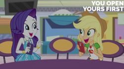 Size: 828x465 | Tagged: safe, edit, edited screencap, editor:quoterific, screencap, applejack, rarity, equestria girls, equestria girls specials, g4, my little pony equestria girls: better together, my little pony equestria girls: rollercoaster of friendship, cellphone, geode of shielding, geode of super strength, looking at each other, looking at someone, magical geodes, phone, rarity peplum dress, smiling