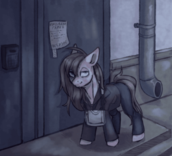 Size: 1100x1000 | Tagged: safe, artist:mr.catfish, oc, oc only, pony, bag, blue eyes, brown mane, bruised, clothes, cyrillic, detailed background, disheveled, door, ears back, entrance, femboy, intercom, male, night, pamphlet, pants, pipe (plumbing), russian, smiling, smirk, solo, sternocleidomastoid, tired eyes
