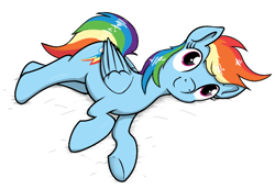 Size: 810x558 | Tagged: safe, artist:eels, rainbow dash, pegasus, pony, g4, cute, dashabetes, lying down, on side, simple background, solo, spread wings, wings