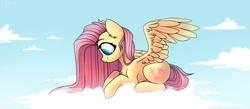 Size: 3000x1310 | Tagged: safe, artist:starlyfly, fluttershy, pegasus, pony, g4, cloud, eyebrows, female, lying down, mare, on a cloud, profile, prone, sky, solo, spread wings, wings
