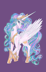 Size: 3300x5100 | Tagged: safe, artist:ashley-the-muffin, princess celestia, alicorn, pony, g4, absurd resolution, crouching, digital art, ethereal mane, ethereal tail, eyelashes, eyeshadow, feather, female, flowing mane, flowing tail, gem, hoof shoes, horn, large wings, lidded eyes, long horn, long mane, long tail, looking up, makeup, mare, multicolored mane, multicolored tail, peytral, pink eyes, princess shoes, purple background, raised hoof, signature, simple background, slender, smiling, solo, sparkles, spine, spread wings, starry mane, starry tail, stars, tail, thin, wings