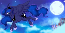 Size: 4741x2430 | Tagged: safe, artist:quartzdeer, princess luna, alicorn, pony, g4, blue mane, blue tail, canterlot, cloud, crown, curved horn, cute, digital art, ethereal mane, ethereal tail, eyeshadow, feather, female, flowing mane, flowing tail, flying, hoof shoes, horn, jewelry, lidded eyes, makeup, mare, moon, moonlight, mountain, night, peytral, princess shoes, regalia, signature, sky, solo, spread wings, tail, wings