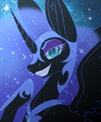 Size: 1000x1200 | Tagged: safe, artist:abys-ss, nightmare moon, alicorn, pony, g4, antagonist, big ears, blue eyes, blue mane, bust, crepuscular rays, curved horn, digital art, ethereal mane, eyeshadow, fangs, feather, female, flowing mane, grin, hoof shoes, horn, lidded eyes, looking at you, makeup, mare, moonlight, night, peytral, portrait, princess shoes, smiling, smiling at you, smug, solo, sparkles, spread wings, starry mane, starry night, stars, teeth, villainess, wings